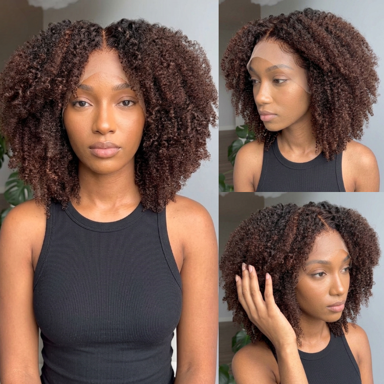 Dark Brown Highlights Volueless Afro Kinky Curly Human Hair Wig with Pre-plucked Hairline Ombre Premium Chocolate Kinky Curly Wig - Rafarada