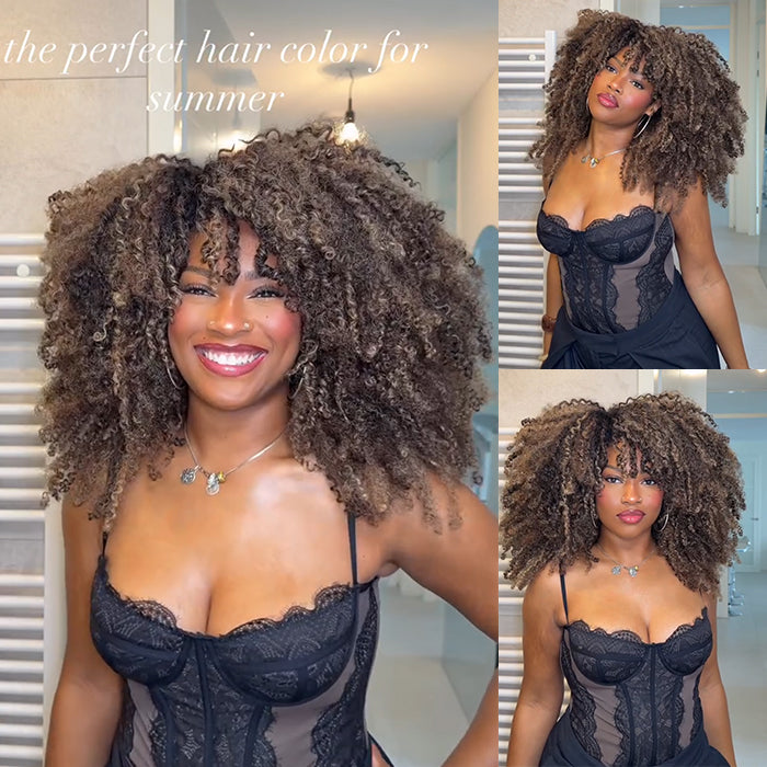 Highlight Color Afro Curly With 4C Edges Glueless Human Hair Wig Spiral Curls Pre-plucked With Natural Hairline Wig - Rafarada
