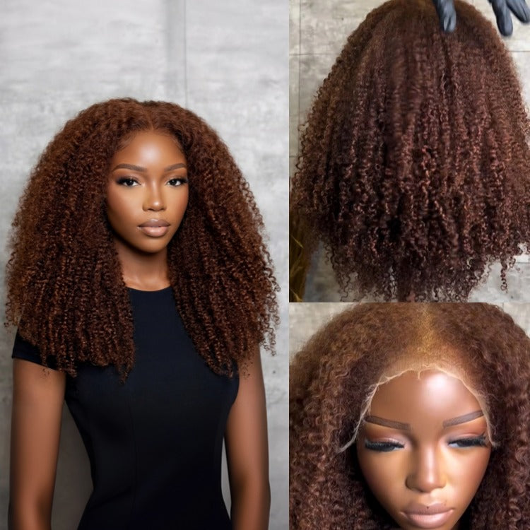 Glueless Afro Curl Deep Auburn Tones and Defined Voluminous Curls Human Hair Lace Wig With 4C Edges - Rafarada