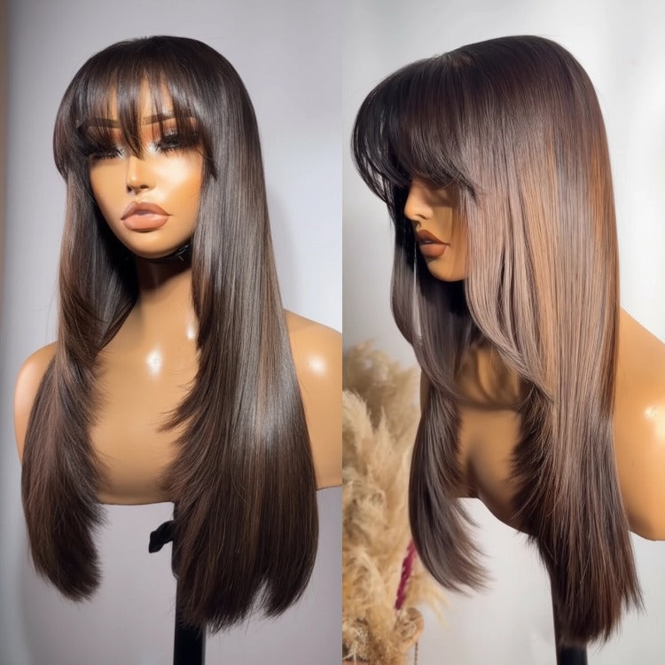 Lace Wig with Bangs Highlight Human Hair Layered Straight Hair Free Part Human Hair - Rafarada
