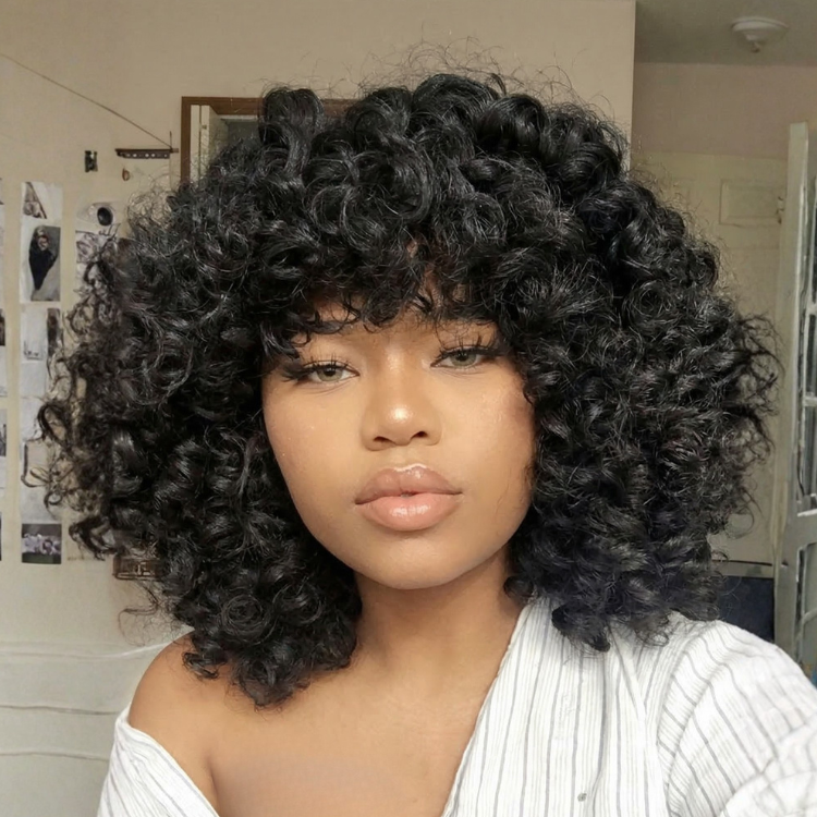 Big Bouncy Afro Curly Wig with Bangs High Density 100% Human Hair Glueless Full Mechanism Wig - Rafarada