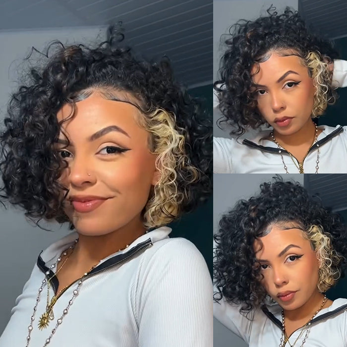 Highlight Color Big Bouncy Curly Wave Transparent Lace Front Human Hair Wigs Blonde Hair Short Bob Wig- Rafarada