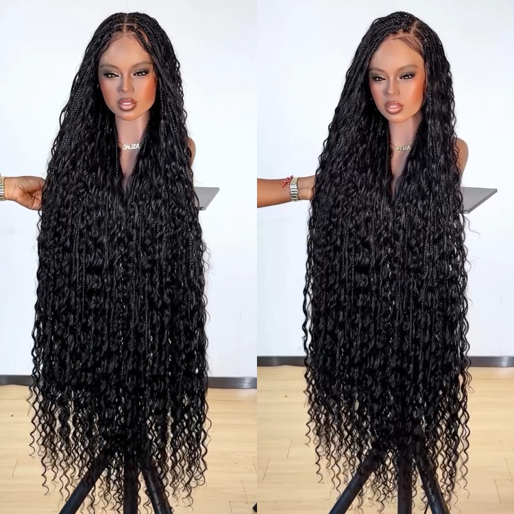 Braided & Curly Mixed Style Dark Brown Curly Lace Wig with Frontal Box Braids - Pre-plucked Natural Hairline- Rafarada