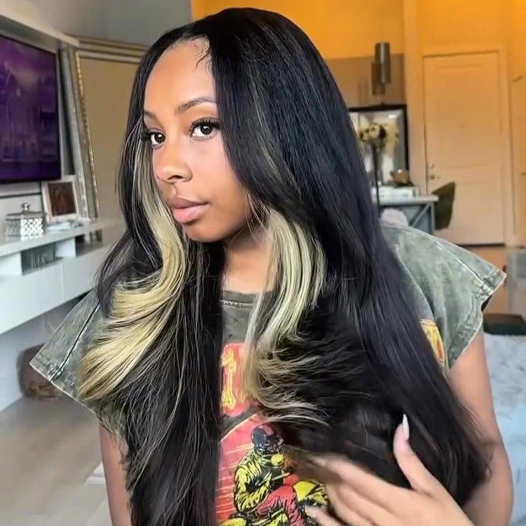 Black Wig With Blonde Skunk Stripe 13x4 Lace Front Straight Human Hair Wigs - Rafarada