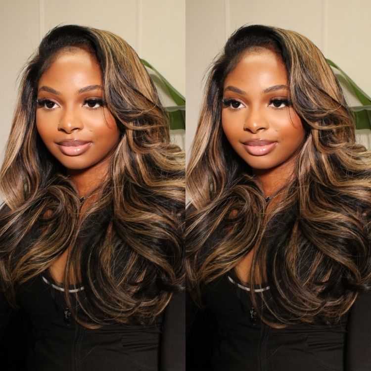 Highlight Wig Loose Wave Wig Human Hair Black With Blonde Color HD Lace Front Wig - Rafarada