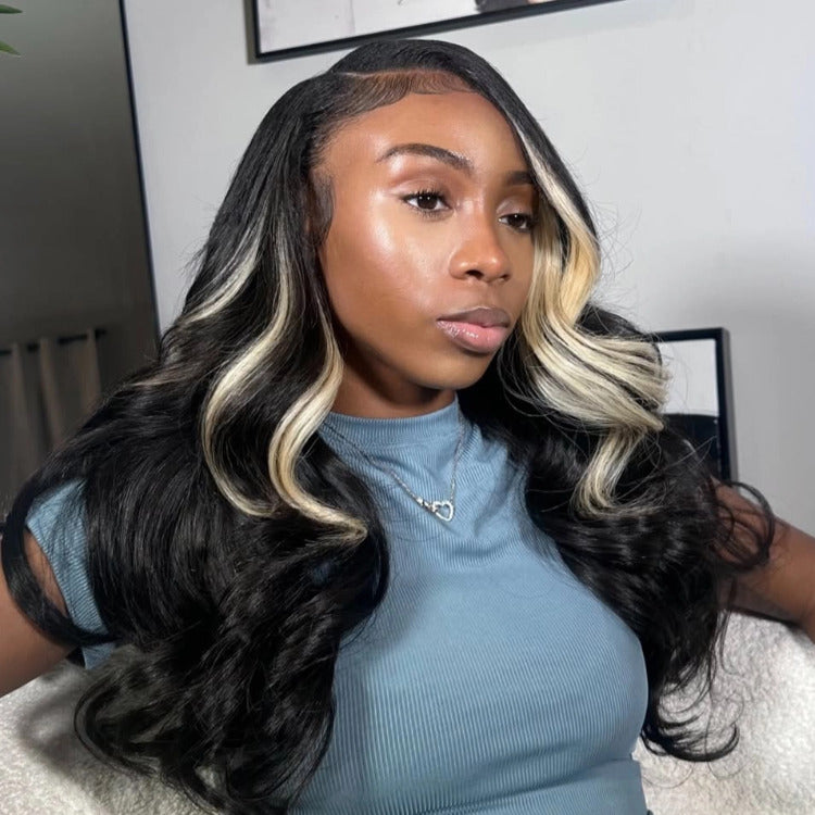 Light Blonde Mix Black Body Wave Human Hair Wig Glueless Lace Colord Wig - Rafarada