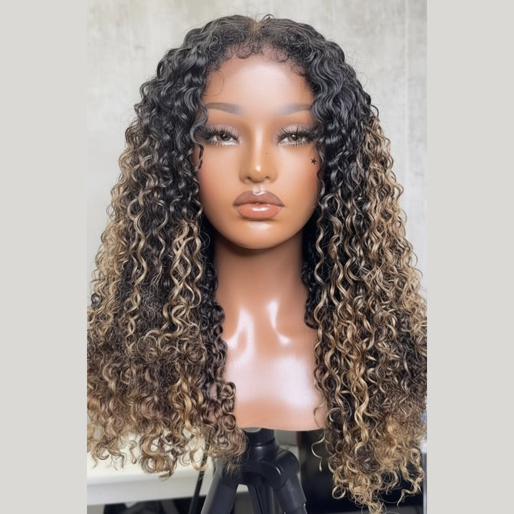 Brown Highlight Curly Human Hair Wig Glueless Pre-Plucked Hairline Soft Tigh Curly Texture Beginner Friendly Lace Wig - Rafarada