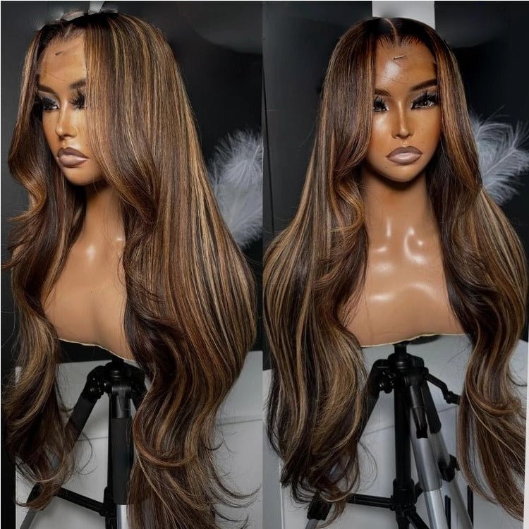 Black With Honey Blonde Highlights Color Half Body Human Hair HD Lace Front Wig - Rafarada