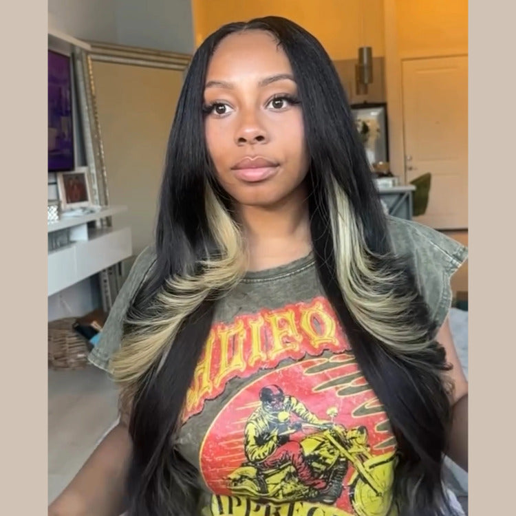 Black Wig With Blonde Skunk Stripe 13x4 Lace Front Straight Human Hair Wigs - Rafarada