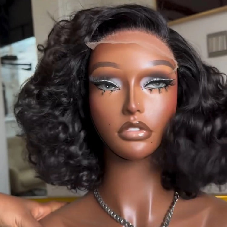 Loose Curly Bob Lace Front Wig Natural Black Soft Curly Human Hair Wig Pre-Plucked Hairline - Rafarada