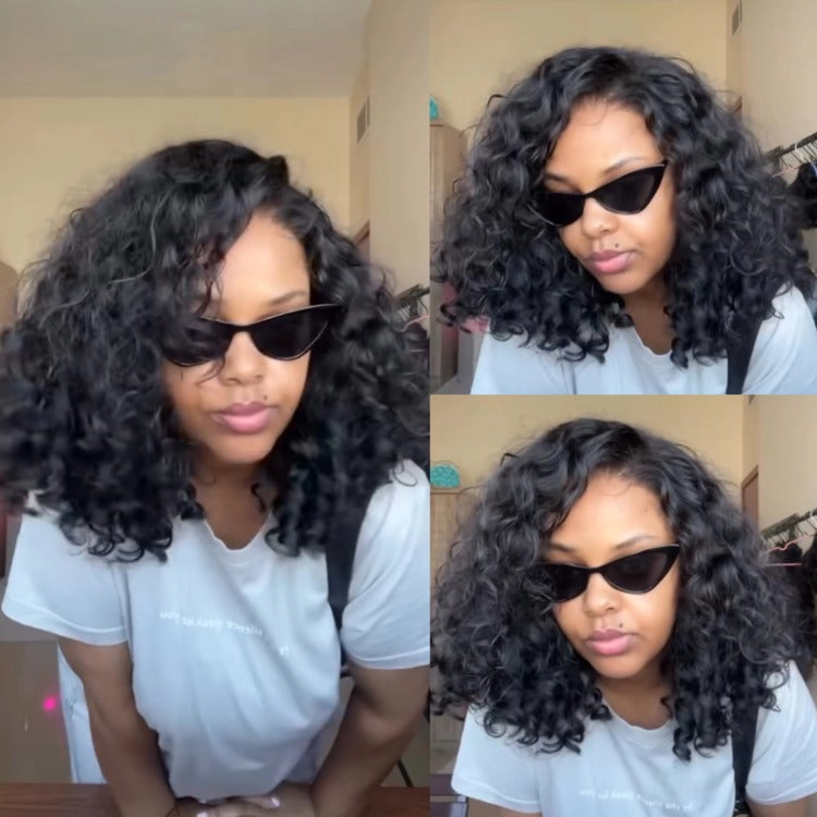 Short Loose Curly Bob Wig Natural Black Natural Look Human Hair Lace Wig - Rafarada