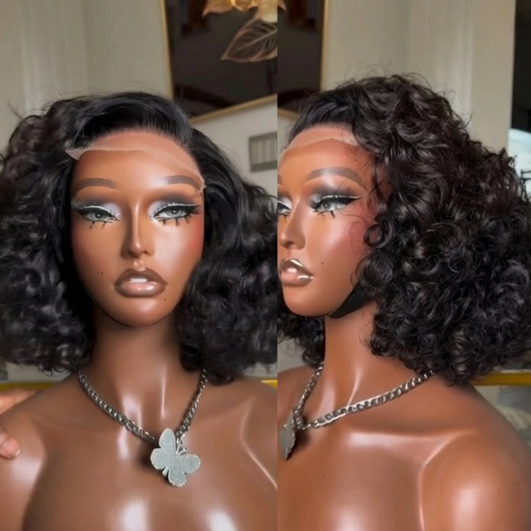 Loose Curly Bob Lace Front Wig Natural Black Soft Curly Human Hair Wig Pre-Plucked Hairline - Rafarada