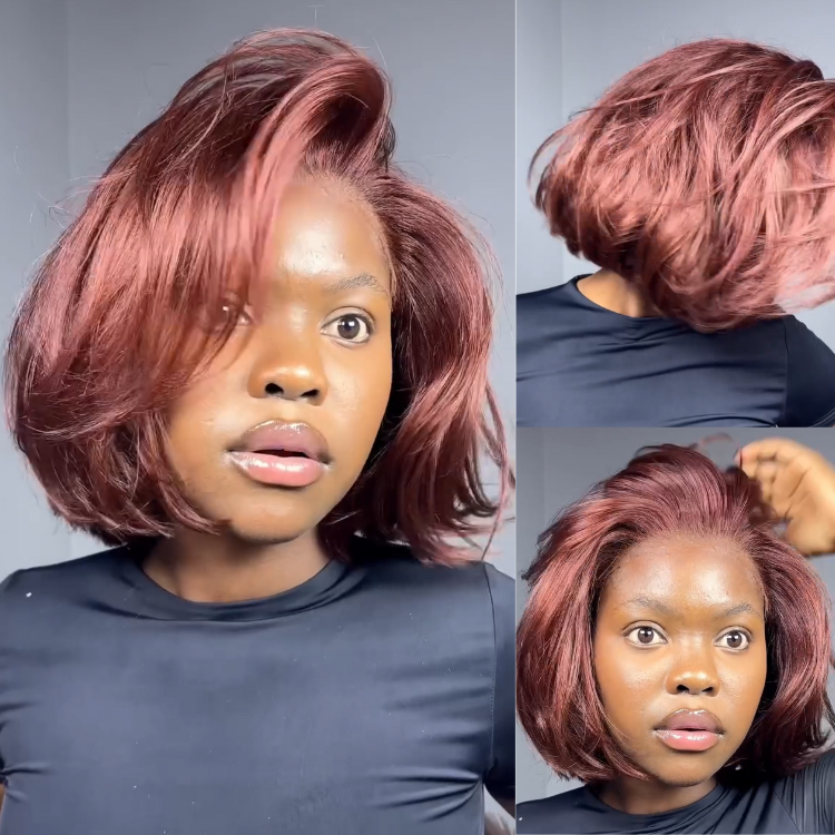 Auburn Red End Curl Bob Wig Layered Raw Human Hair Blow Style Lace Front Wig - Rafarada