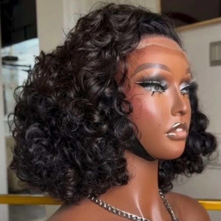 Loose Curly Bob Lace Front Wig Natural Black Soft Curly Human Hair Wig Pre-Plucked Hairline - Rafarada