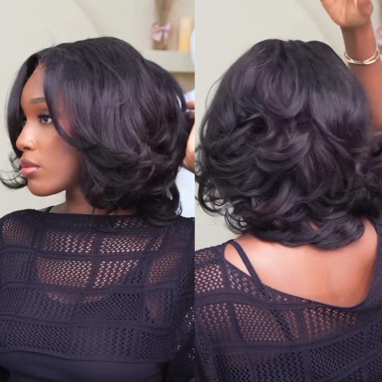 Glueless Layered Bob Body Wave Wig Natural Black Beginner Friendly Human Short Bob Wig- Rafarada
