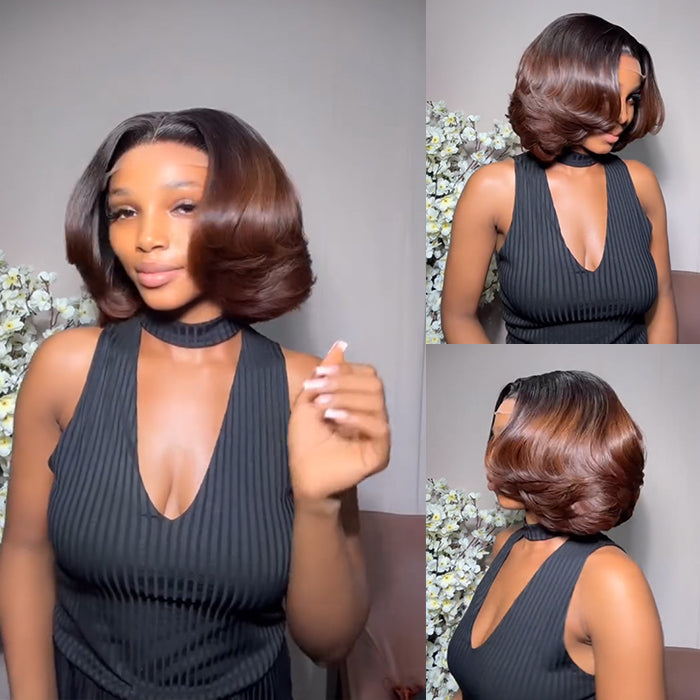 Ombre Reddish Brown Color End Curl Bob Wig Layered Raw Human Hair Lace Front Wig - Rafarada