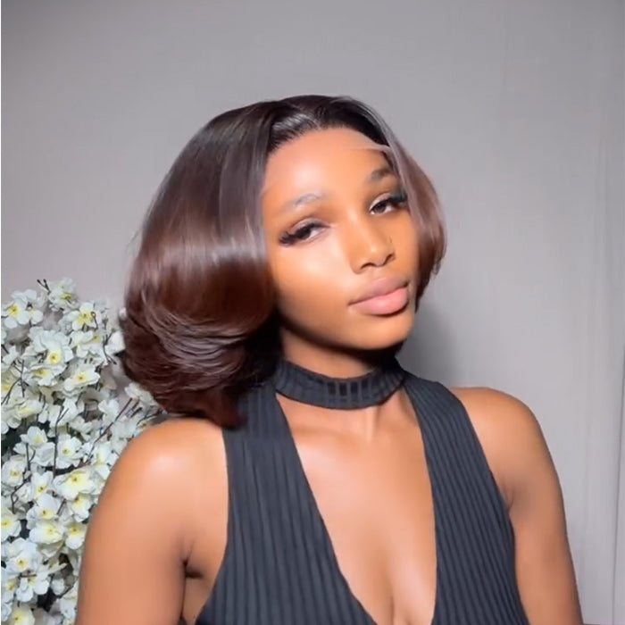 Ombre Reddish Brown Color End Curl Bob Wig Layered Raw Human Hair Lace Front Wig - Rafarada