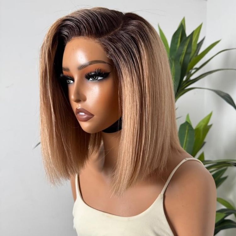 Short Bob Straight Hair Wig Ombre Blonde Color HD Lace Frontal Human Hair Wigs - Rafarada