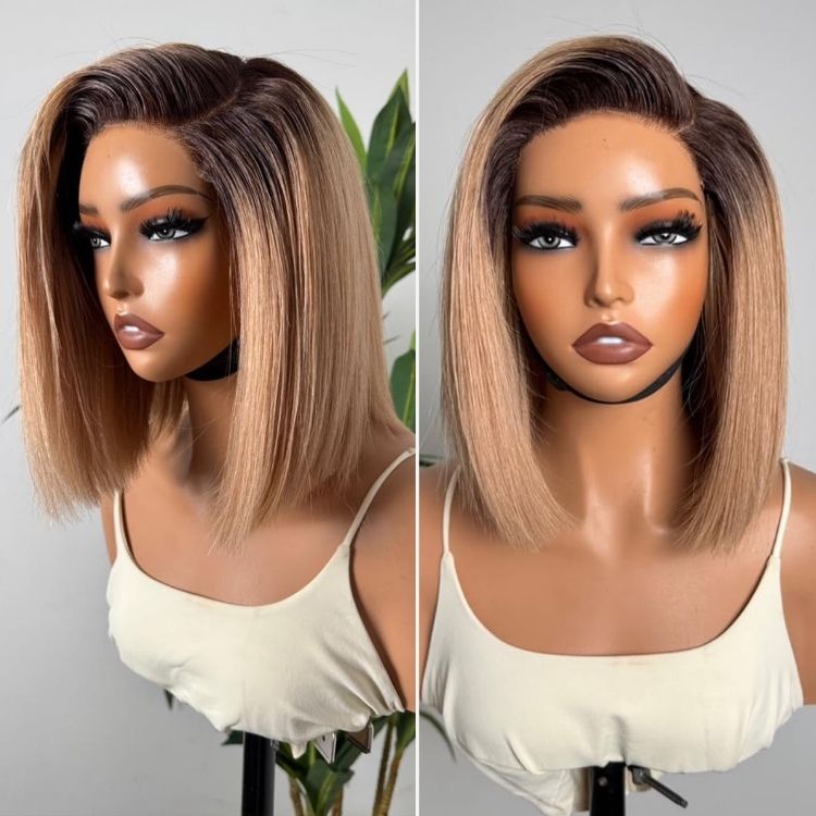Short Bob Straight Hair Wig Ombre Blonde Color HD Lace Frontal Human Hair Wigs - Rafarada