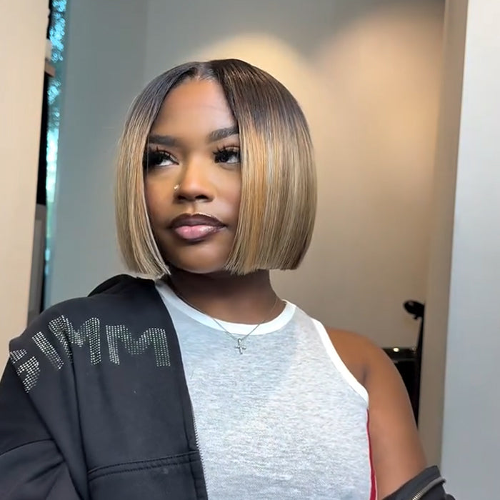 Ombre Highlight Color Bob Straight Human Hair Wig Glueless HD Lace Front Wig Natural Hairline For Women - Rafarada