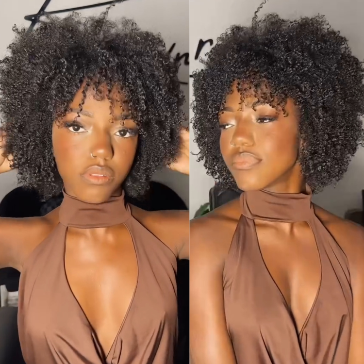 Afro Kinky Curly Glueless Human Hair Wig with Bangs Natural Black High Bouncy Coily Hair Wig- Rafarada