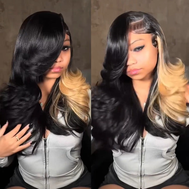 Two Tone Body Wave Lace Front Human Hair Wigs for Women Skunk Stripe Money Piece Blonde Highlights Pre-plucked Natural Hairline- Rafarada