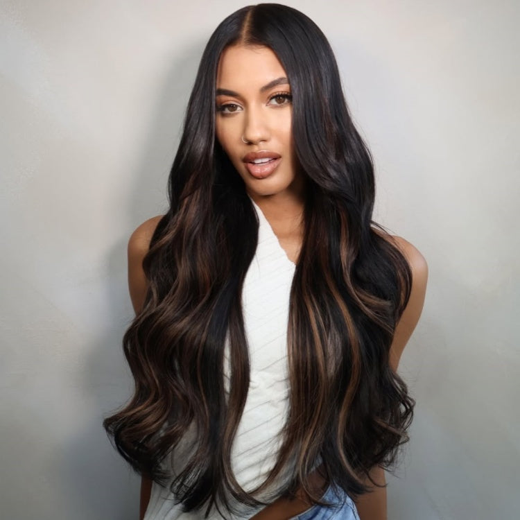 Highlight Black Colored Body Wave Wig Human Hair Pre Cut Lace Pre Plucked Hairline Wigs - Rafarada