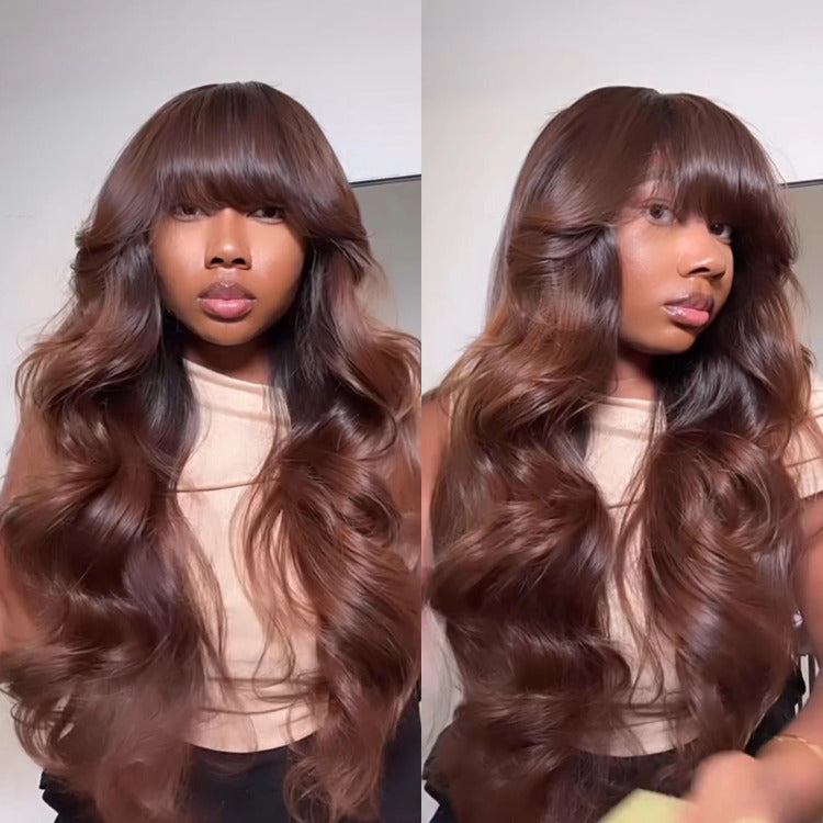 Dark Brown Color Skin Base Wig Body Wave Human Hair Wig With Bangs Full Mechanism Wig- Rafarada