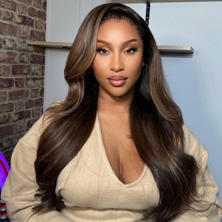 Dark Brown Caramel Highlights Color Half Body Human Hair HD Lace Front Wig - Rafarada