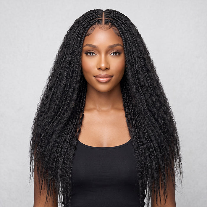 Natural Color Pre Braided Water Wave Human Hair Lace Frontal Wig With Boho  Box Braids Natural Curly Wig - Rafarada
