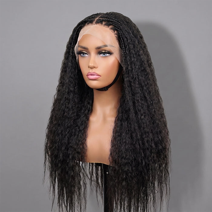 Natural Color Pre Braided Water Wave Human Hair Lace Frontal Wig With Boho  Box Braids Natural Curly Wig - Rafarada