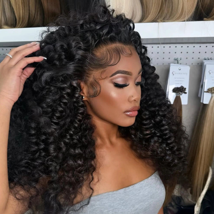 Glueless Frizzy Human Hair Clear Transparent Lace Front Bouncy Curly Wigs- Rafarada