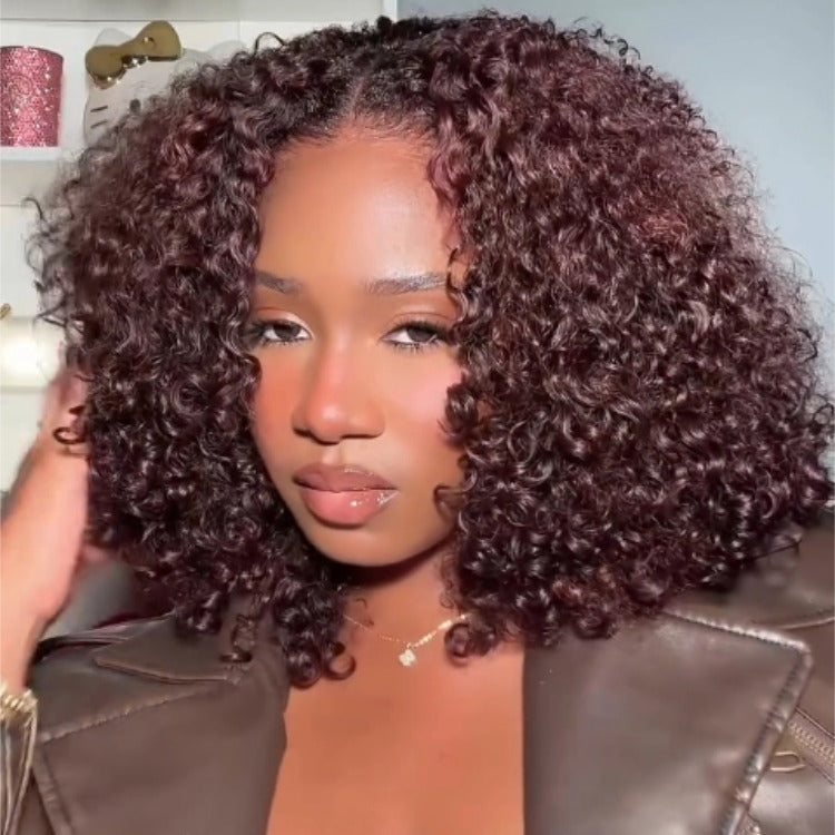 Auburn Brown Color Bouncy Curly Short Bob Wig For Women Glueless Human Hair Wigs With Natural Hairline - Rafarada