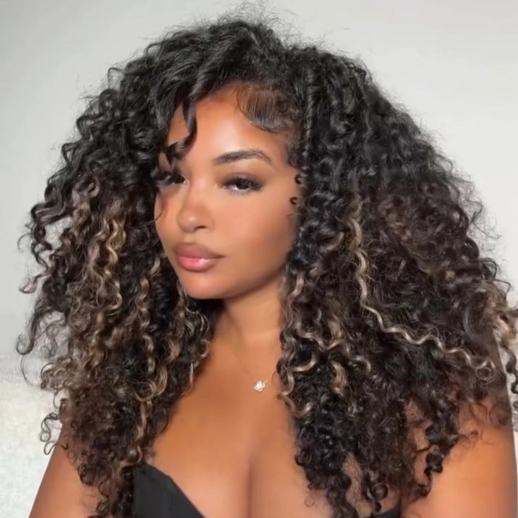 Flash Sale | Bouncy Curly Wig Highlight Color Clip In Wave 13x4 HD Lace Frontal Human Hair Wig Colored Wig - Rafarada