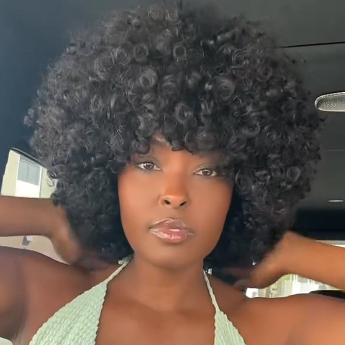 Afro Bouncy Curly Human Hair Wig 3-In-1 Half Wig High Density Natural Color Wear & Go Wig For Beginner - Rafarada