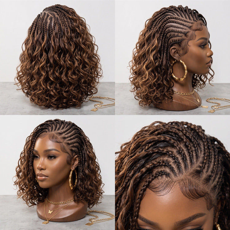 Rich Brown Cornrow Braided Curly Wig With Baby Hair Human Hair Wig Glueless Easy Install Wig - Rafarada