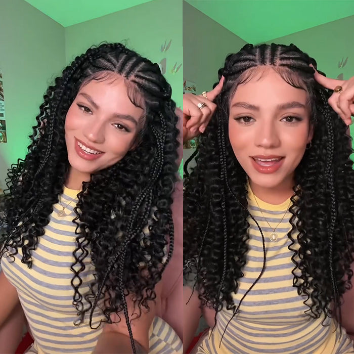 13x4 HD Lace Front Stitch Braided Human Hair Wig with Curly Ends & Baby Hair - Rafarada