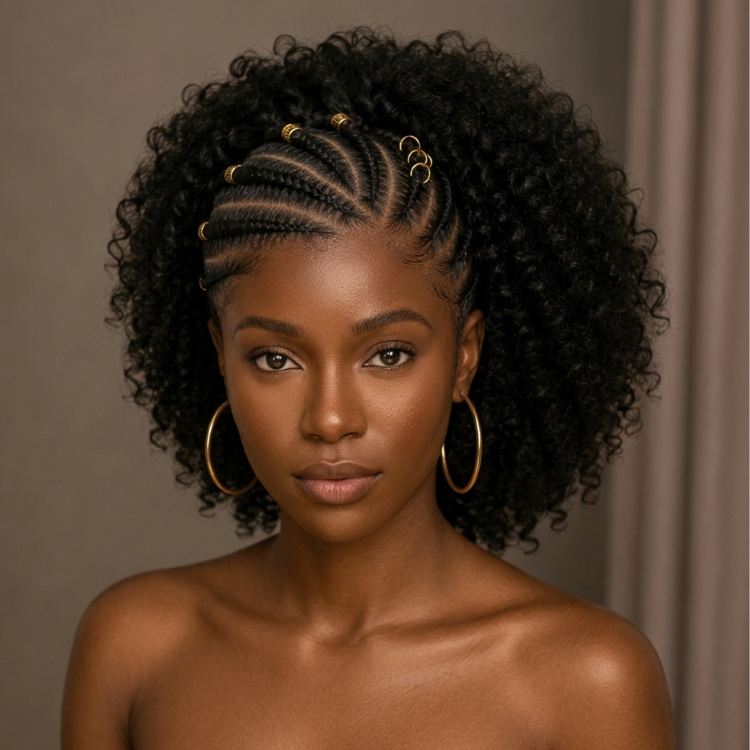 Half Braided Half Curly Wig - Glueless Cornrow Braids Kinky Curly Wig with Hair Rings Accessories - Rafarada
