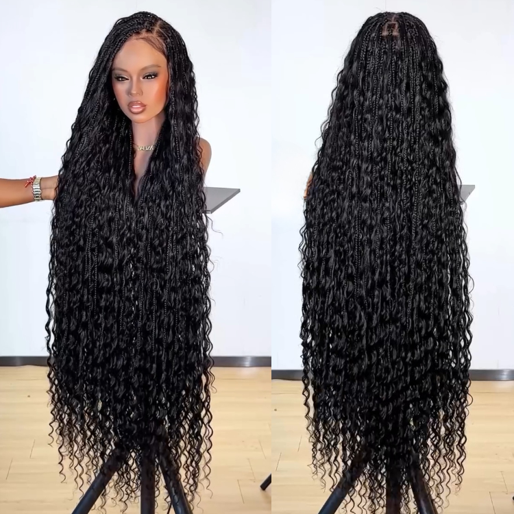 Braided & Curly Mixed Style Dark Brown Curly Lace Wig with Frontal Box Braids - Pre-plucked Natural Hairline- Rafarada