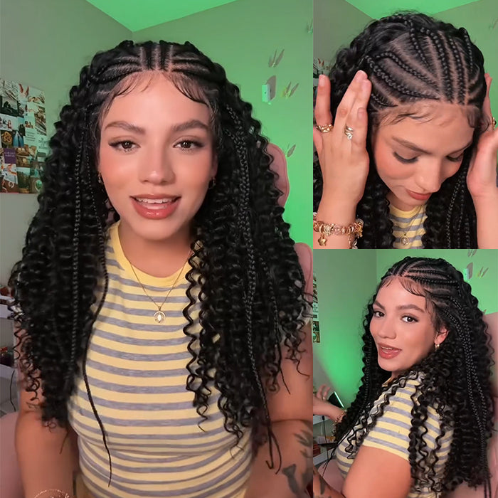 13x4 HD Lace Front Stitch Braided Human Hair Wig with Curly Ends & Baby Hair - Rafarada
