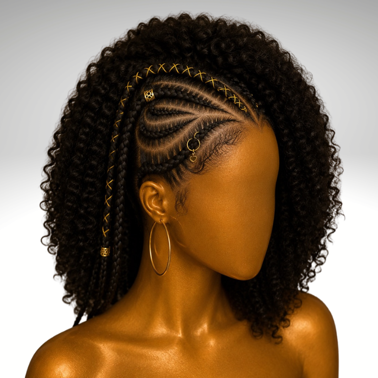 Half Braided Half Curly Wig - Glueless Cornrow Braids Kinky Curly Wig with Hair Rings Accessories - Rafarada