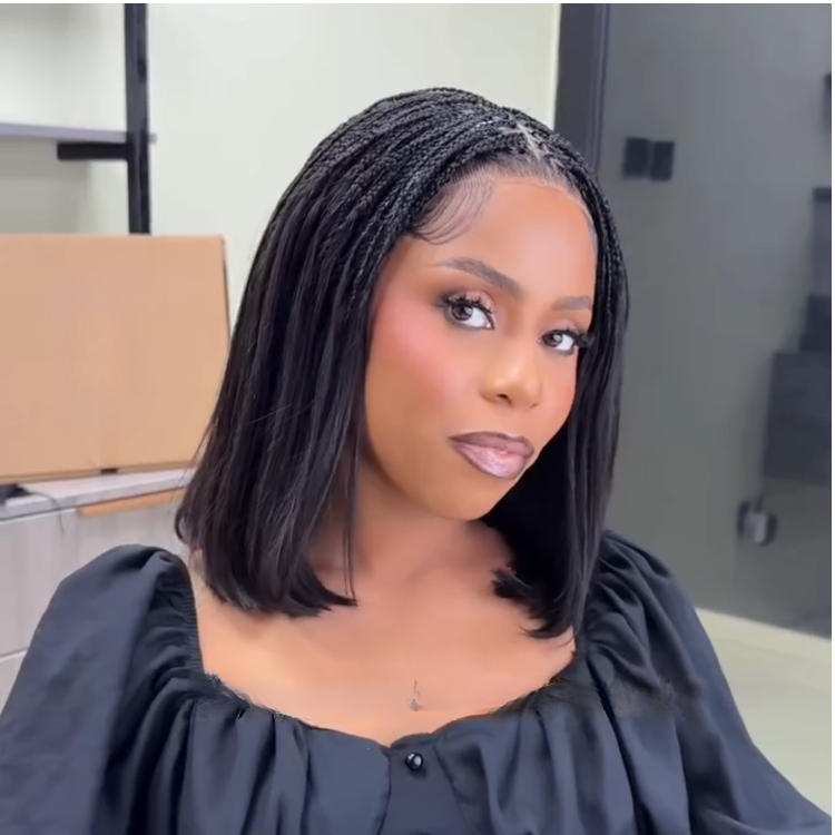 Hand-Braided Bob Lace Front Wig with Straight Hair Natural Black 13x6 Lace Frontal Micro Braids Short Bob Wig for Women - Rafarada