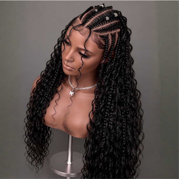 Glueless Boho Braided 13x6 HD Lace Wig Stitch Cornrow with Curly Water Wave Ends & Pre-Plucked Baby Hair - Rafarada