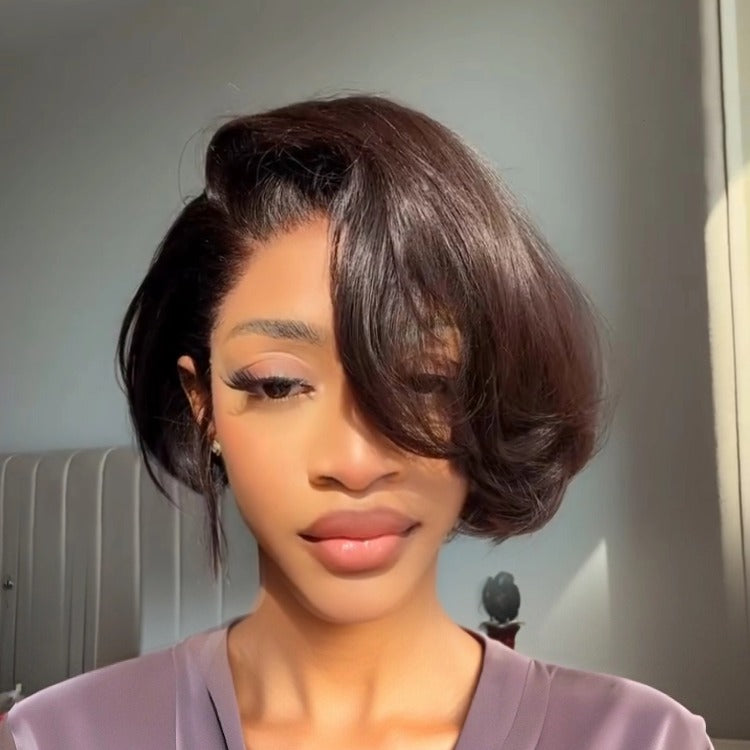 Dark Brown Short Bob Wig Cute Hair HD Lace Frontal 100% Human Hair Wigs - Rafarada