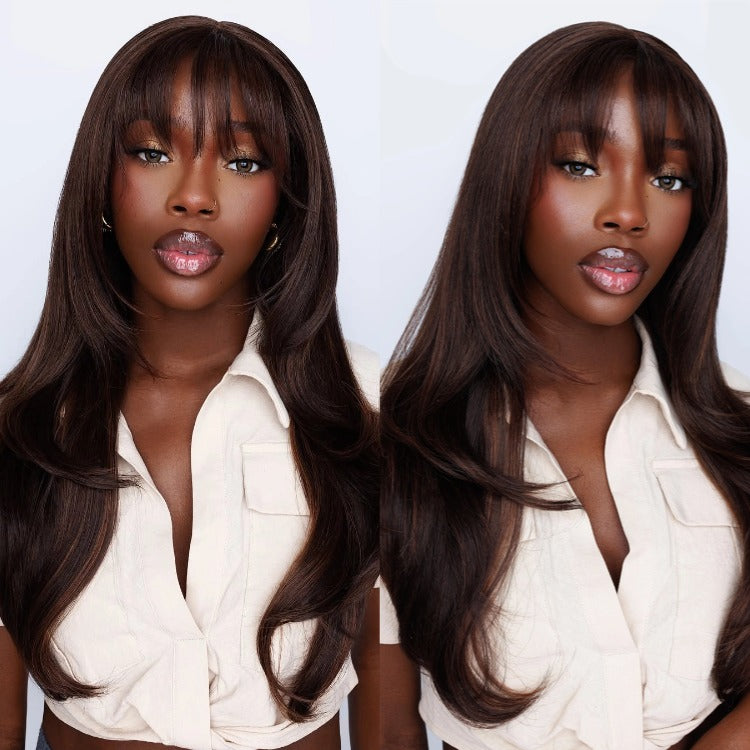 Lace Wig With Bangs Human Hair Dark Brown Color Straight Hair Free Part Human Hair - Rafarada