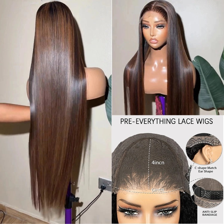 Raw Straight Hair Highlight Brown Color Human Hair Wig HD Lace Front Wig - Rafarada