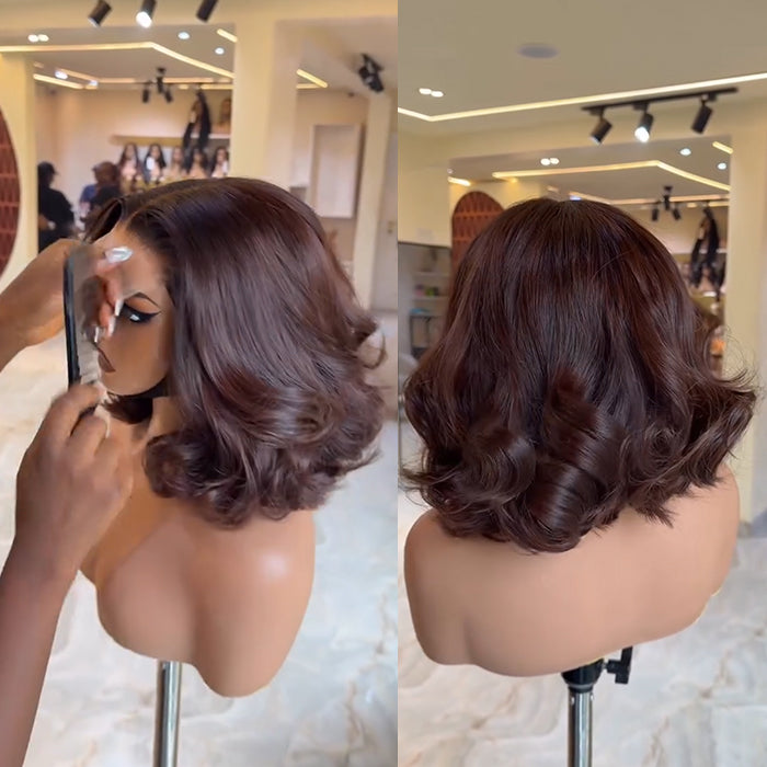Deep Chocolate Brown Lace Front Bob Wig HD Pre Plucked Loose Wave Human Hair Wigs for Women - Rafarada