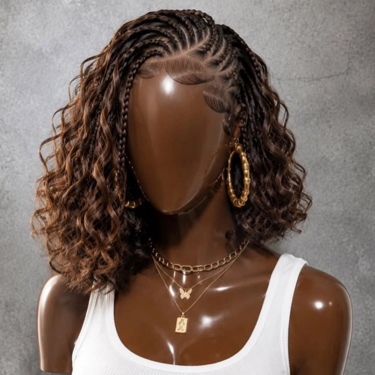 Rich Brown Cornrow Braided Curly Wig With Baby Hair Human Hair Wig Glueless Easy Install Wig - Rafarada