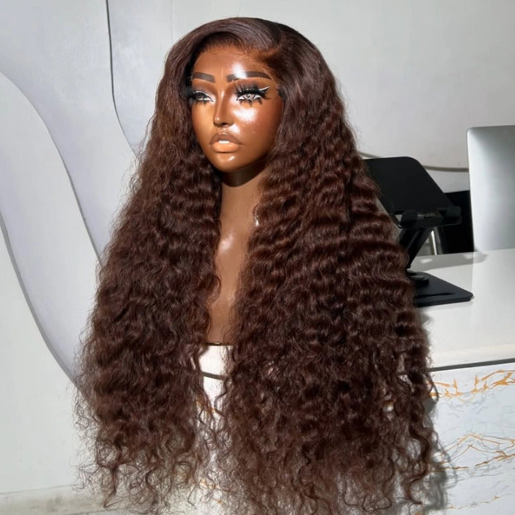 Chocolate Brown Deep Wave Wigs HD Transparent Lace Frontal Human Hair Wigs - Rafarada