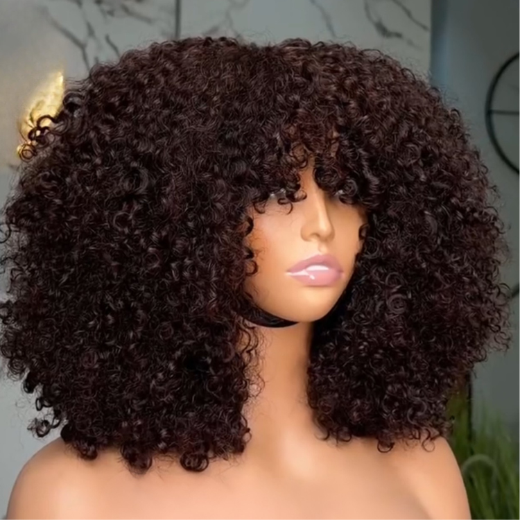 Glueless Chocolate Brown Afro Small Curly Wig with Bangs 6x4 Lace Ombre Brown Human Hair Wigs Bouncy Jerry Curl Fringe Wig Pre-Plucked & Beginner Friendly - Rafarada